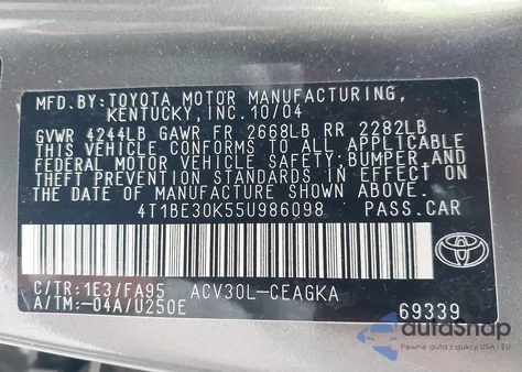 2005 Toyota Camry Xle z USA, uszkodzony, nr VIN 4T1BE30K55U986098